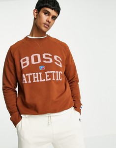 Коричневый свитшот с логотипом в университетском стиле Boss x Russell Athletic Stedman-Коричневый цвет