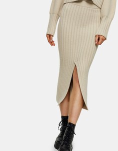Трикотажная юбка бежевого цвета с разрезом по центру Topshop-Коричневый цвет