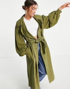 Плащ тренч цвета хаки в стиле oversized с акцентными рукавами из материала с добавлением льна ASOS DESIGN-Зеленый цвет