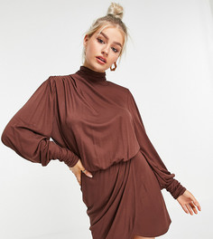 Коричневое платье мини с подплечниками и открытой спиной ASOS DESIGN Petite-Многоцветный