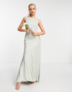 Атласное платье макси с хомутом на спине и пуговицами сбоку ASOS DESIGN Bridesmaid-Зеленый цвет