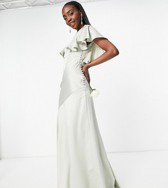 Атласное платье макси с расклешенными рукавами и пуговицами по бокам ASOS DESIGN Tall Bridesmaid-Зеленый
