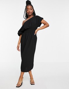Черное платье миди с присборенной талией и спущенными плечами ASOS DESIGN-Черный