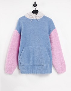 Оversized-худи из мягкого плюша в пастельной расцветке в стиле колор блок ASOS DESIGN-Голубой