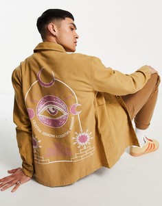 Бежевая холщовая рубашка навыпуск с космическим принтом на спине ASOS DESIGN-Коричневый цвет