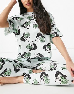 Пижама из футболки и леггинсов с принтом панд и пальмовых листьев мятного цвета ASOS DESIGN-Зеленый цвет