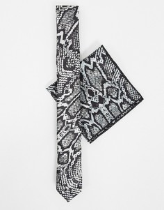 Комплект из узкого галстука и платка для нагрудного кармана со змеиным принтом Bolongaro Trevor-Черный