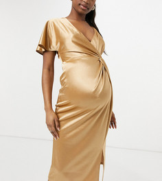 Золотистое платье миди с одним рукавом, перекрутом и разрезом по бедру ASOS DESIGN Maternity-Золотистый