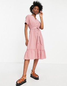 Темно-розовое платье миди с поясом QED London-Розовый цвет