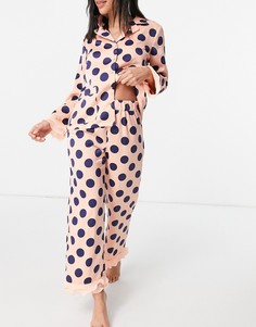 Эксклюзивный пижамный комплект из рубашки и брюк в горошек с отделкой из органзы розового и темно-синего цвета Y.A.S-Многоцветный