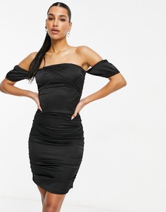 Черное атласное облегающее платье с открытыми плечами Parisian-Черный