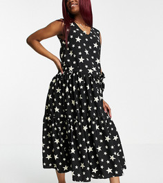 Черное эксклюзивное многоярусное платье мидакси в звездочку без рукавов свободного кроя Queen Bee-Многоцветный