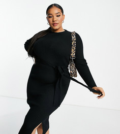 Черное платье миди в рубчик с поясом New Look Curve-Черный цвет