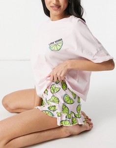 Розовая пижама с футболкой с принтом "Lime Yours" и шортами с оборками ASOS DESIGN-Розовый цвет