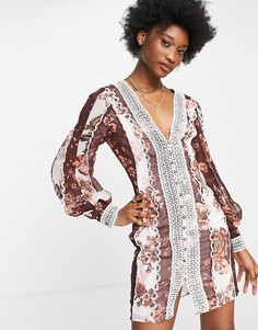 Платье мини с пышными рукавами на манжетах, кружевом, пуговицами и комбинированным цветочным принтом ASOS DESIGN-Многоцветный