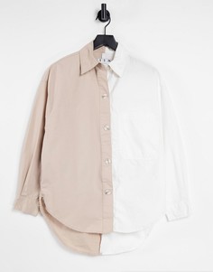 Oversized-рубашка в винтажном стиле из комбинированных материалов бежевого и белого цветов Bershka-Многоцветный