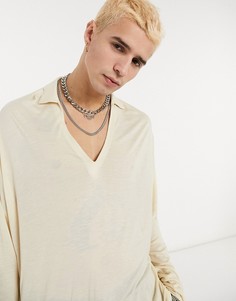 Бежевое oversized-поло из вискозы с отложным воротником и глубоким вырезом ASOS DESIGN-Светло-бежевый