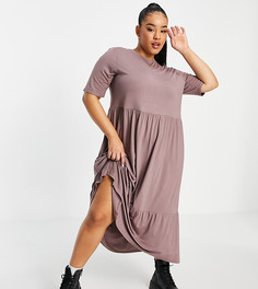 Ярусное свободное платье-футболка миди цвета мокко ASOS DESIGN Curve-Светло-бежевый