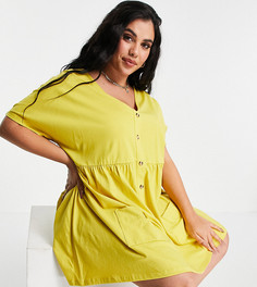 Платье мини горчичного цвета на пуговицах с присборенной юбкой и карманами ASOS DESIGN Curve-Желтый