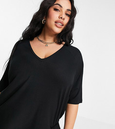 Черный oversized-топ в рубчик с V-образным вырезом и драпировкой ASOS DESIGN Curve