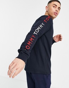 Темно-синий лонгслив для дома с логотипом на рукаве Tommy Hilfiger