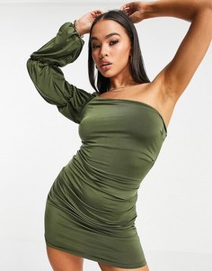 Оливковое мягкое платье мини на одно плечо с трехъярусным рукавом ASOS DESIGN-Зеленый цвет