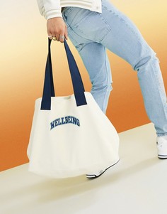 Махровая сумка-тоут в белом и синем цветах с надписью "Wellbeing" ASOS DESIGN-Многоцветный