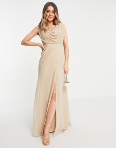 Платье макси со свободным воротом и линейной декоративной отделкой ASOS DESIGN Bridesmaid-Светло-бежевый