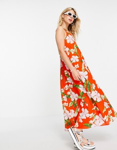Красное платье макси с глубоким вырезом и тропическим принтом ASOS DESIGN-Многоцветный