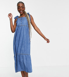 Голубое выбеленное ярусное платье миди из мягкого денима ASOS DESIGN Tall-Голубой