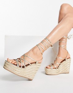 Золотистые босоножки на танкетке с завязками и ремешками ASOS DESIGN Thalia-Золотистый