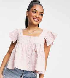 Розовый фактурный топ на пуговицах с рукавами-фонариками и оборками ASOS DESIGN Petite-Бесцветный
