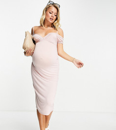Бежевое платье миди с открытыми плечами и глубоким вырезом ASOS DESIGN Maternity-Многоцветный