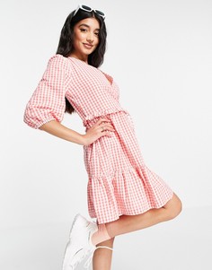 Ярусное платье мини в розовую клетку с запахом New Look-Розовый цвет