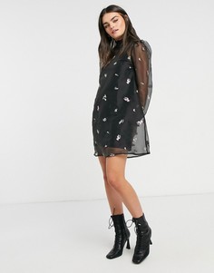 Черное свободное платье мини из органзы с высоким воротником и вышивкой ASOS DESIGN-Черный