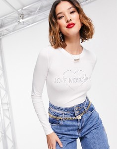 Белый лонгслив с логотипом со стразами Love Moschino