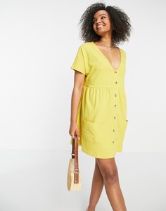 Платье мини горчичного цвета на пуговицах с присборенной юбкой и карманами ASOS DESIGN-Желтый