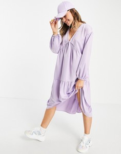 Сиреневое платье миди с присборенной юбкой и V-образным вырезом Lola May-Фиолетовый цвет