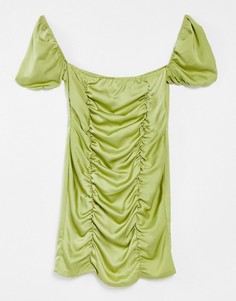 Присборенное атласное платье с квадратным вырезом зеленого цвета васаби NaaNaa-Зеленый цвет