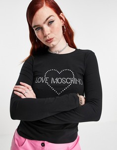 Черный лонгслив с логотипом со стразами Love Moschino