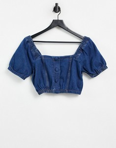 Кроп-топ из денима с пышными рукавами Lola May-Голубой