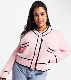 Трикотажный oversized-кардиган пастельного оттенка с декоративными пуговицами Neon Rose Plus-Розовый цвет