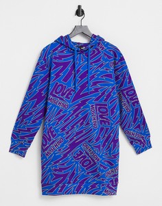 Синее платье с капюшоном и многоцветным логотипом в форме молний Love Moschino-Голубой