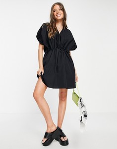 Платье мини из хлопка черного цвета с присборенной талией и юбкой ASOS DESIGN-Черный цвет