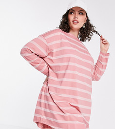 Розовое платье-футболка в стиле oversized с длинными рукавами и полосками в тон ASOS DESIGN Curve-Розовый цвет