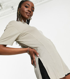 Серо-коричневая футболка в стиле oversized в рубчик с разрезами по бокам и декоративной строчкой ASOS DESIGN Tall-Светло-бежевый