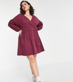 Платье с присборенной юбкой, длинными рукавами и запахом ASOS DESIGN Curve-Красный