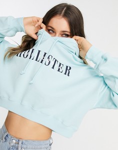 Укороченный худи синего цвета с логотипом Hollister-Голубой