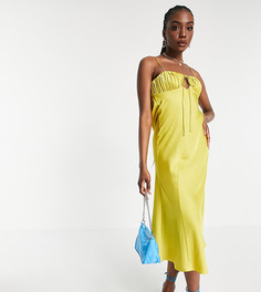 Атласное платье-комбинация миди косого кроя со сборками на лифе горчичного цвета ASOS DESIGN Tall-Голубой