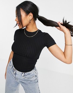 Зауженная черная футболка в рубчик ASOS DESIGN-Черный цвет